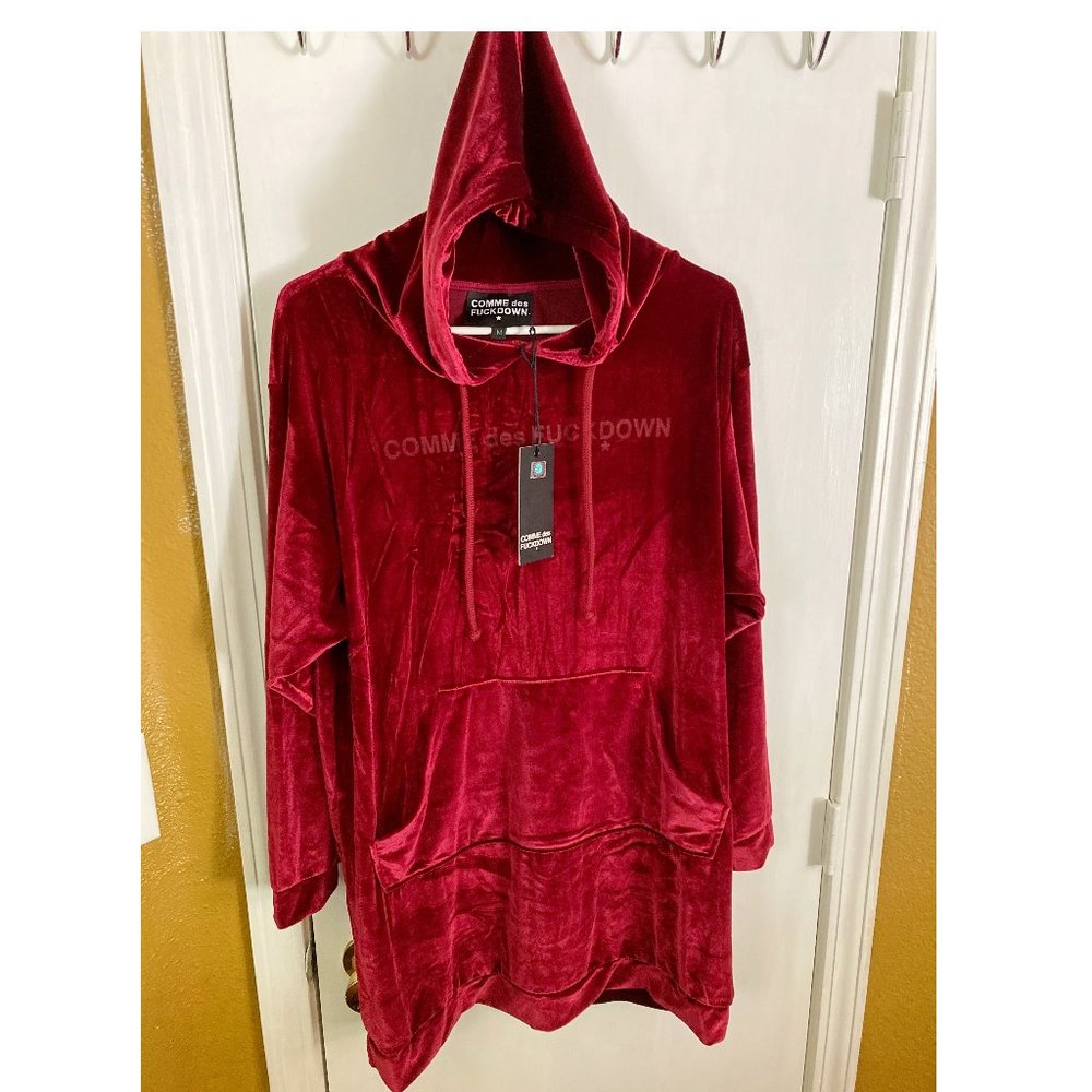 Comme des F*ck Down women's longline velour kangaroo pocket hooded sweatshirt